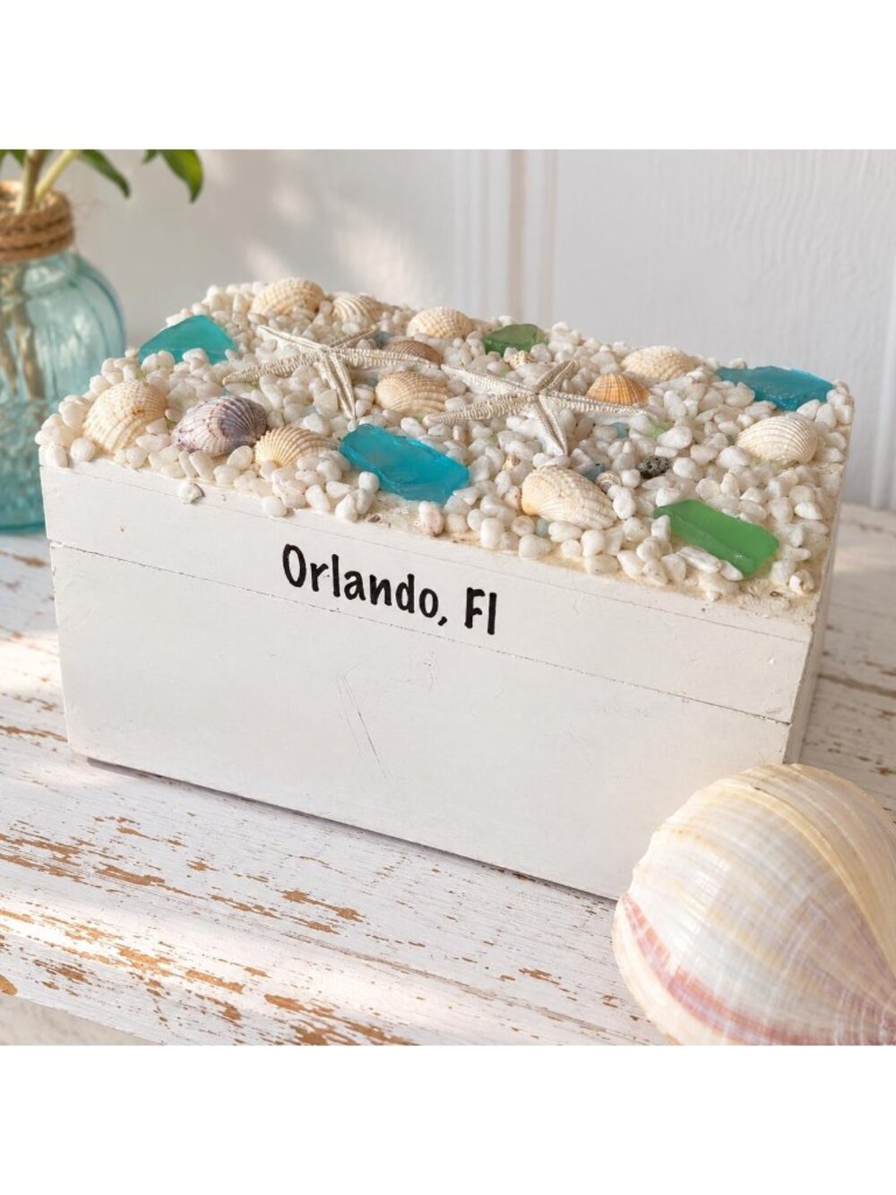 Coastal Seashell Trinket Box with Sea Glass Starfish Beach Decor Florida